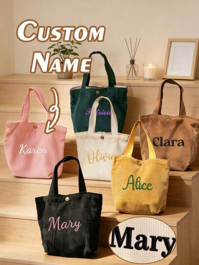 1pc Customized Name Corduroy Tote Bag, Stylish For Women/Students, Suitable For Shopping, Back To School And More Occasions, Lightweight, Foldable, Classic Casual Style, Fits Teenage Girls, Ladies, Female College Students, 2025 Autumn New Fashion Item