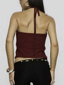 Women Y2K Halter Tank Top Sleeveless Backless Draped Front Going Out Tops Solid Color Back Tie Up Crop Vest Tops Summer Party Club Streetwear Rave Outfit Concert Outfit  Valentines Clothes  Beach Vacation Outfits - Màu Đỏ Sâu - Xem 2