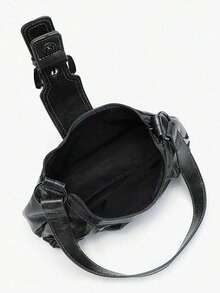 1pc Vintage Milady Softened Distressed Leather Motorcycle Bag With Rivet, Buckle And Folded Cloud Decoration; Suitable For Work, Commute, Dating, And Party - 灰色 - 查看 8