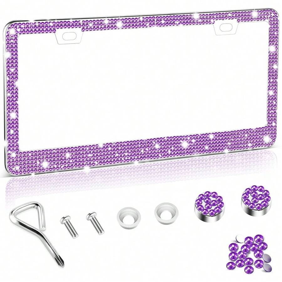 [Free Shipping]Bling License Plate Frame For Women, 1Pack Rhinestone Handcrafted Crystal Premium Stainless Steel, Stainless Steel Car Decorative Accessories With Diamond Sparkle Glitter Caps (Purple),1pc,Purple - Purple - 查看 1