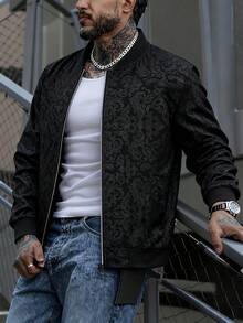 男士户外运动夹克，飞行员夹克，钢印凤凰图案纹理，时尚百搭的飞行员夹克 - 黑色 - 查看 12