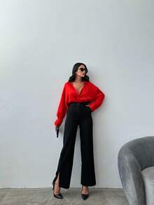 Quần ống loe màu đen thanh lịch dành cho nữ, chất liệu polyester, có khóa kéo và túi. - màu đen - Xem 5