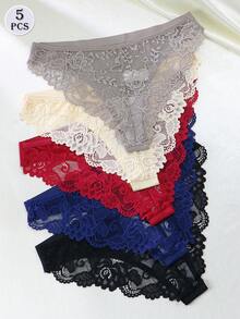 5件/套 女士低腰纯色性感蕾丝内裤
