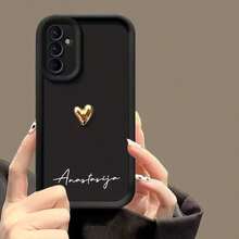 客製化 TPU 全包覆手機殼，可客製姓名與 3D 金色愛心設計，防震軟殼，適用 S25 S24 S23 S22 S21 S20 Ultra Plus A56 A55 A54 A53 A52 A35 A34，週年禮物 - 酒紅色 - 查看 3