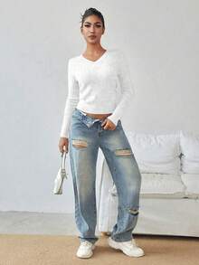 Suéter de punto acanalado ajustado de manga larga con cuello en V suave, estilo Y2K, básico, para otoño/invierno - Blanco - Ver 4