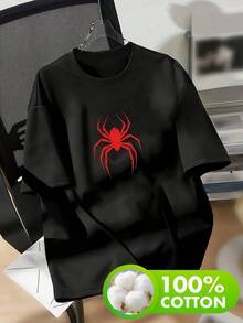 Camiseta negra unisex casual de corte holgado con un impresionante estampado de araña roja de dibujos animados - hecha de algodón puro suave, ajuste cómodo, lavable a máquina, camiseta de cuello redondo de manga corta, adecuada para usar en primavera, verano y otoño, camiseta cómoda para el día a día. - Negro - Ver 1