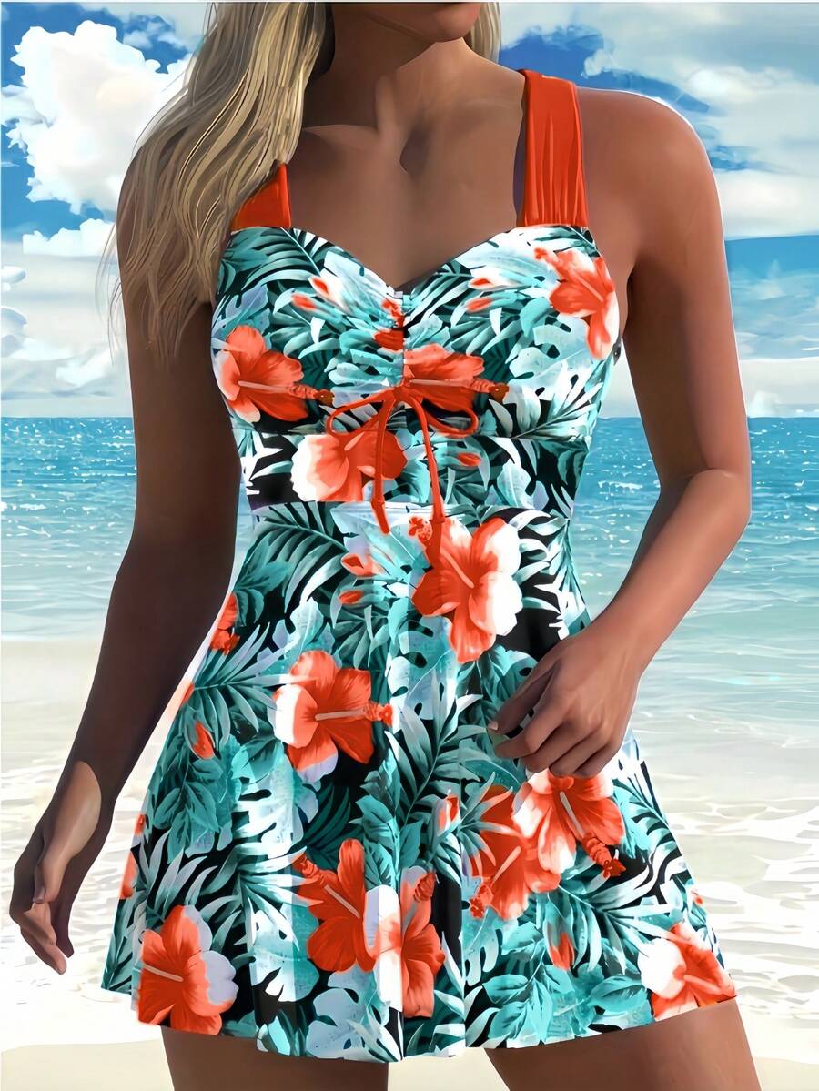 Bộ đồ bơi Tankini họa tiết hoa 2 món dành cho nữ, áo bandeau che phủ toàn bộ và quần hipster, phong cách Hawaii cho kỳ nghỉ biển giản dị, thanh lịch và dễ thương