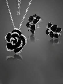 3pcs/Set Fashion Elegant Black Rose Flower Jewelry Set (Earrings & Necklace), Wedding Party Bride Accessories - Silver - View 9