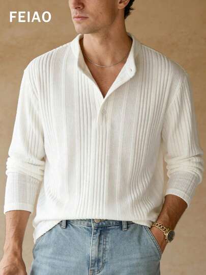 FEIAO 男士复古老钱风半开襟纽扣纯色磨毛长袖 Polo 衫，宽松休闲风格，四季皆宜，日常百搭。