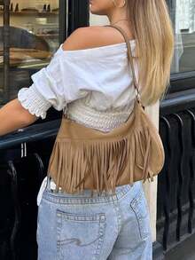 时尚优雅休闲不对称露肩荷叶边针织上衣 - 白色 - 查看 3