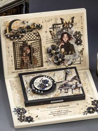 1 rollo de la serie Noche Oscura Pegatinas de libro de paisaje micro, Flor de noche oscura, Mariposa Piano, se puede pegar en equipaje, computadora, taza, teléfono, concha, refrigerador, pared, casco, gabinete, caja, puerta, cama, guitarra, salón de clases, Samolep, portátil, equipaje, decoración de motocicleta, útiles escolares