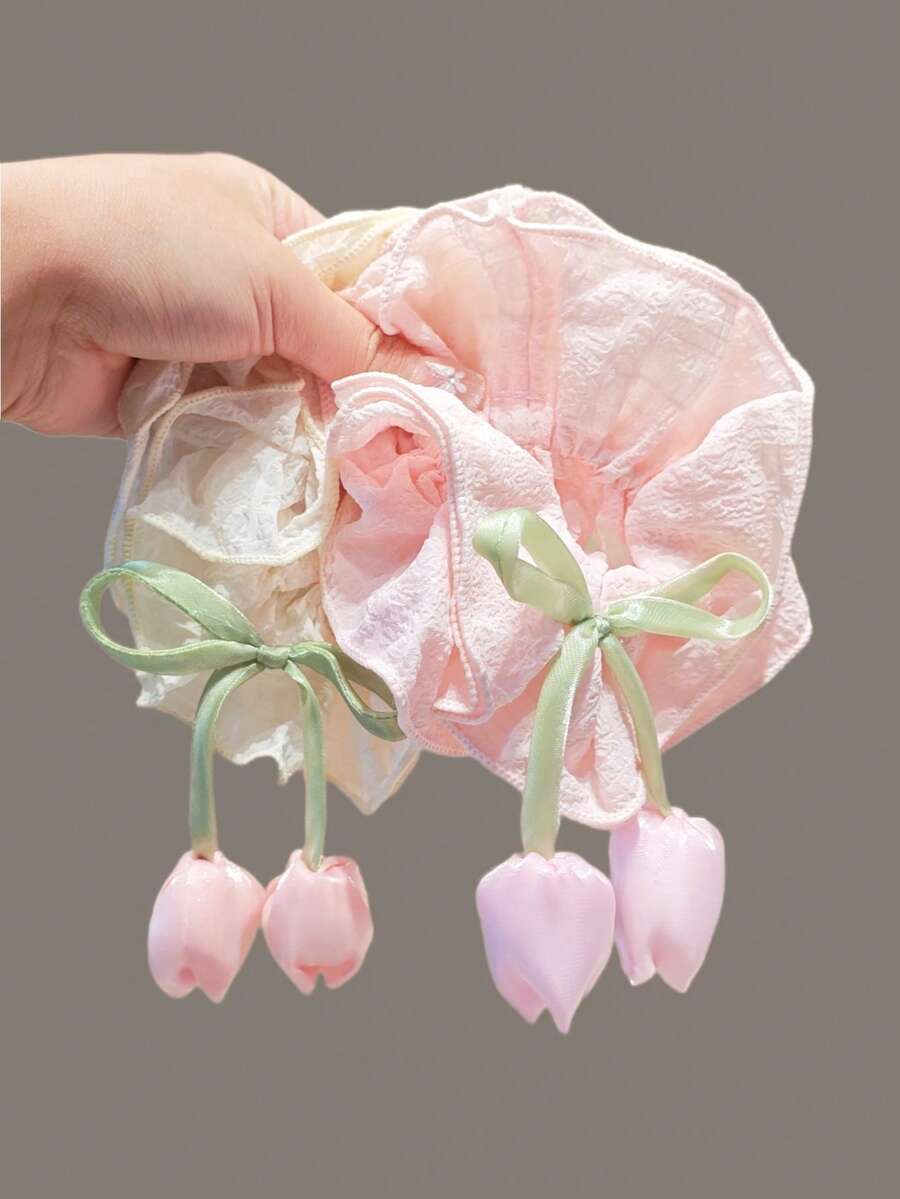 1/2个儿童简约可爱卡通郁金香发圈，百搭优雅，适合女孩扎马尾辫、丸子头等发型 - 彩色 - 查看 1