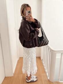 Women Polka Dot Satin Lace Skirt Silk Lace Trim Long Skirts A Line Vintage Y2k Going Out Streetwear - 白色 - 查看 2