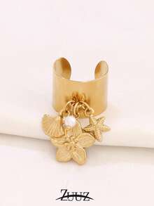 1 件时尚不锈钢塑料圆形珍珠贝壳海星吊坠戒指女士海洋魅力宽开口戒指珠宝礼物适合日常佩戴