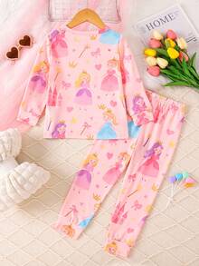 Set de 2 piezas de pijama de niña con estampado de varita mágica de princesa, cuello redondo, manga larga, ropa de dormir infantil, ropa de casa casual y cómoda, primavera/verano - Rosa - Ver 2