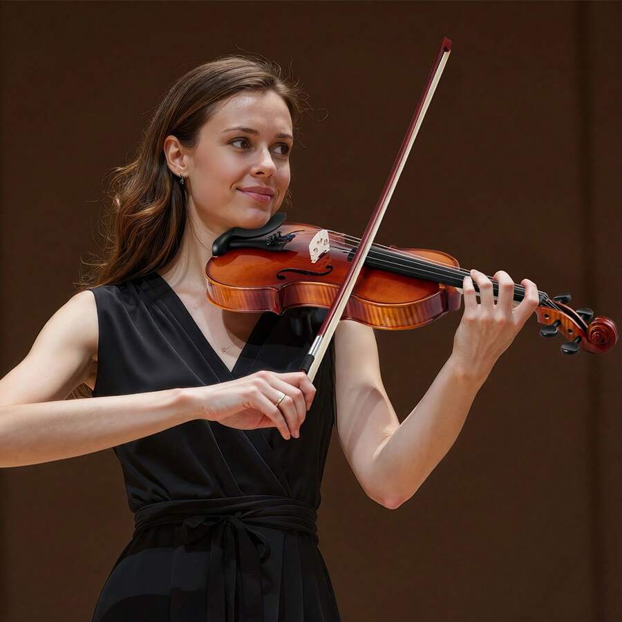 Violine 4/4, 584,2 mm Armlänge, Geigenset mit Hartschalenkoffer, Kolophonium, Bogen, Schulterstütze, Steg, zusätzlichen Saiten, Massivholzinstrument (glänzend braun gemustert) - Geige aus Massivholz, 4/4, glänzend braun, gemustert - Übersicht 1