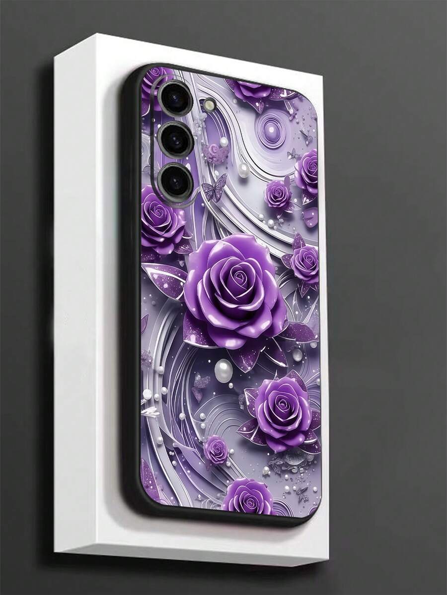 1个优雅紫色玫瑰、珍珠和蝴蝶图案防滑保护手机壳,兼容Galaxy A04e/A05s/A13/A14/A15/A34/A35/A50/A52/A53/A54/S21/S22/S23/S24/S25/S25 Ultra,2D图案,国际版,非国内版 - 黑色 - 查看 1