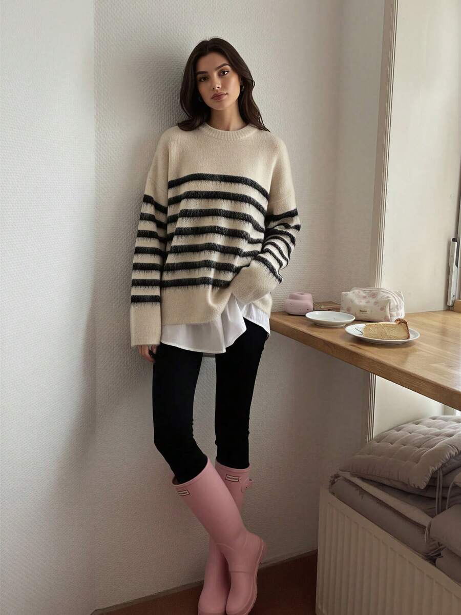 Suéter de cuello redondo SOOKAUG, jersey de punto casual con rayas de bloques de color de otoño que estilizan la figura