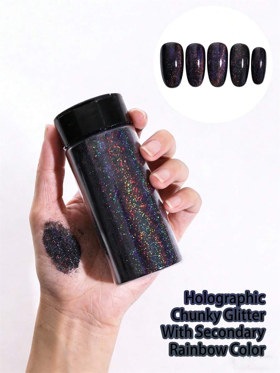 80克/2.85盎司全息超细闪粉,1/128英寸树脂亮片,适用于水杯、树脂工艺品、史莱姆、美甲、节日装饰、圣诞饰品等。 - 黑色 - 查看 1