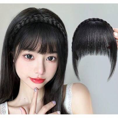 LYSW 1件装带辫子和刘海的假发，逼真自然的假发片，可遮盖白发，隐形无痕刘海假发，鱼骨辫搭配蓬松刘海 HA2871，配有发夹、发卡、发夹、女士发饰、接发、发卡