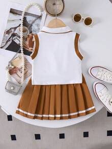 2pcs/Set Girls' School Sports Numeric Print Sleeveless Top And Pleated Skirt Set, Summer - White - View 3