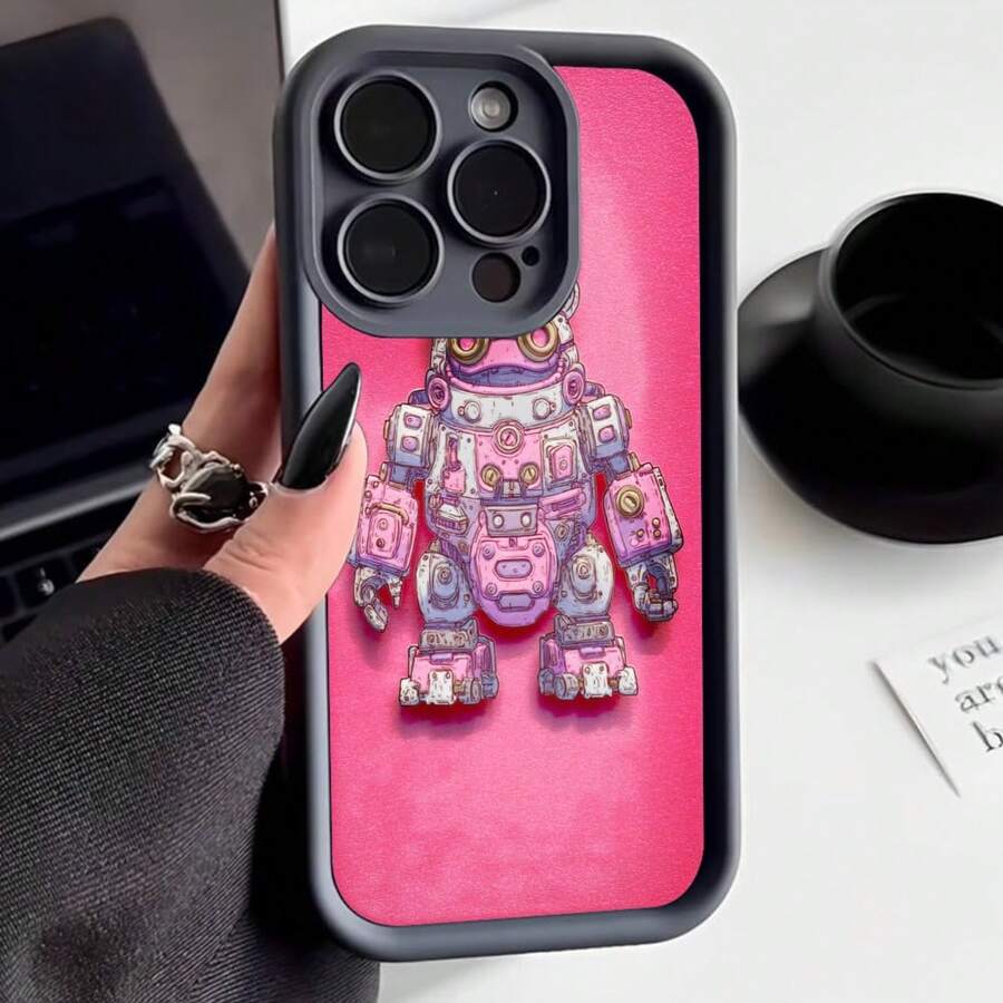 Cubierta de teléfono con diseño de robot rosa para iPhone 14 Pro Max funda protectora con estampado de robot futurista en tonos rosados y morados ideal para amantes de la tecnología y el estilo retrofuturista - Café integral - Ver 1
