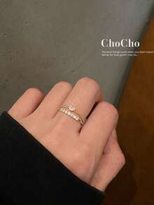 2 piezas Anillos de dedo minimalistas con forma de corazón abierto, elegantes y de moda - Multicolor - Ver 5