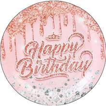 72件套生日派对用品套装，玫瑰金粉色生日皇冠，7/9英寸深蓝金色派对餐盘，苹果蓝金色箔纸一次性餐盘、杯子和餐巾纸，适用于生日、婚礼、派对餐桌 - 彩色 - 查看 12