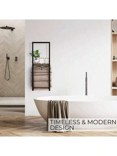 A Multi-Functional Wall-Mounted Storage Rack, With A Large Capacity Towel Holder, Featuring A Metal Frame And Wooden Boards. It Saves Space And Has Multiple Layers For Storage. Suitable For Home, Hotel And Bathroom Use. A Practical Storage Rack. Back To School