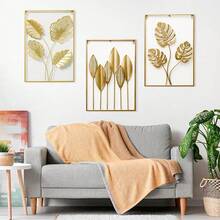 MOGONE Juego de 3 esculturas de pared de hierro rectangular,escultura artística colgante para sala de estar, recámara, baño, decoración interior y exterior (Hojas verdes doradas) - Hojas verdes doradas - Ver 2