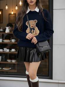 2026 早春女款可爱小熊刺绣休闲优雅圆领长袖针织衫，藏蓝色，适合邮轮度假、音乐会、街头风、春季、生日、假期、Y2K、商务休闲、休闲、假日等场合穿着。 - 深藍色 - 查看 3