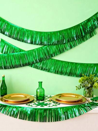 2pcs/Set - 13ft Metal Tassel Garland - Green Tassel Hanging Garland, St. Patrick's Day Decor, Versatile Use For Hanging Decor, Metal Tassel Wall Art, Hanging Backdrop, Table Skirt Decor, Suitable For Carnival Party, Birthday, St. Patrick's Day Decor, Metallic Foil Silver Ribbon Photo Backdrop, Can Be Used To Decorate Parade Floats