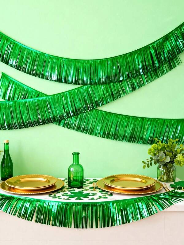 2pcs/Set - 13ft Metal Tassel Garland - Green Tassel Hanging Garland, St. Patrick's Day Decor, Versatile Use For Hanging Decor, Metal Tassel Wall Art, Hanging Backdrop, Table Skirt Decor, Suitable For Carnival Party, Birthday, St. Patrick's Day Decor, Metallic Foil Silver Ribbon Photo Backdrop, Can Be Used To Decorate Parade Floats
