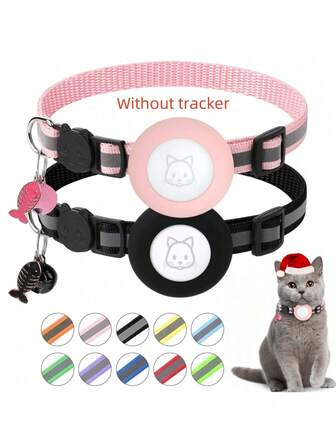 1个带铃铛和鱼形吊坠的猫项圈，安全扣，1厘米宽，反光项圈带Airtag追踪器插槽（不含追踪器），适合猫和小型犬，4种颜色可选（黑色、粉色、蓝色、红色），完美的宠物礼物