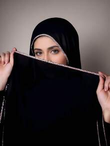 1pc Women's Heavy Embellished Diamond Edge Solid Color Scarf, Elegant Shawl, Moroccan Diamond Trim Long Scarf, Muslimah Hijab Suitable For Travel, Party, Occasion - Heavy-duty Diamond-edged Solid Color Chiffon Scarf Hjiab Ladies Shawl - View 3