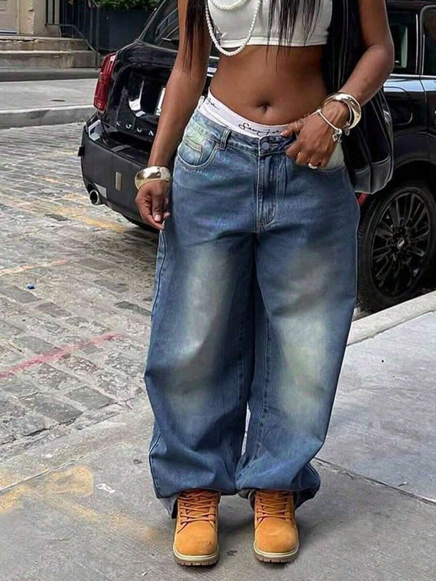 Quần jeans phong cách đường phố Mỹ dáng rộng cho bé gái tuổi teen - Màu xanh nhạt - Xem 1