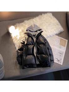 Men's Black Shiny Faux Leather Puffer Jacket - Best Seller Two-In-One Hooded Warm Winter Oversized Casual Outerwear - 黑色 - 查看 3