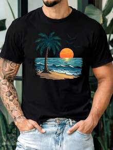 Men'S Tropical Beach Graphic T-Shirt - White Casual Short Sleeve Round Neck Summer Shirt With Palm Tree & Ocean Sunset Print, Lightweight Breathable Fabric Outdoor Activities, Beach Outings & Casual Attire, Beach Clothes, Summer Clothing, Relaxed Fit Tee, Comfortable Fit - 白色 - 查看 1