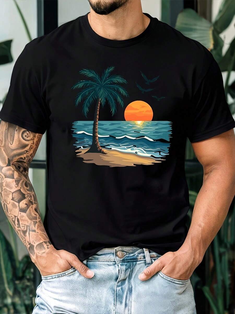 Men'S Tropical Beach Graphic T-Shirt - White Casual Short Sleeve Round Neck Summer Shirt With Palm Tree & Ocean Sunset Print, Lightweight Breathable Fabric Outdoor Activities, Beach Outings & Casual Attire, Beach Clothes, Summer Clothing, Relaxed Fit Tee, Comfortable Fit - 白色 - 查看 1
