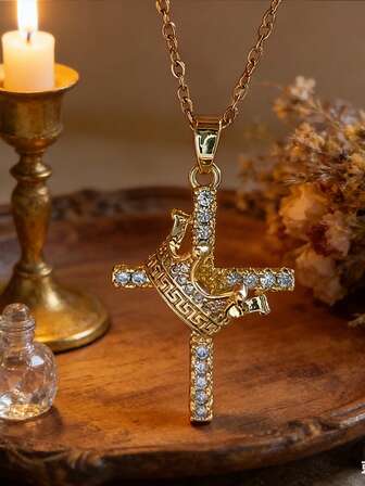 1 pieza Elegante y de moda Collar con colgante de cruz con diseño de corona, incrustado con circonita sintética multicolor brillante, cadena ajustable en tono dorado, accesorio único y de alta gama, regalo ideal para un amante o amigo en el Día de San Valentín o el Día de la Madre