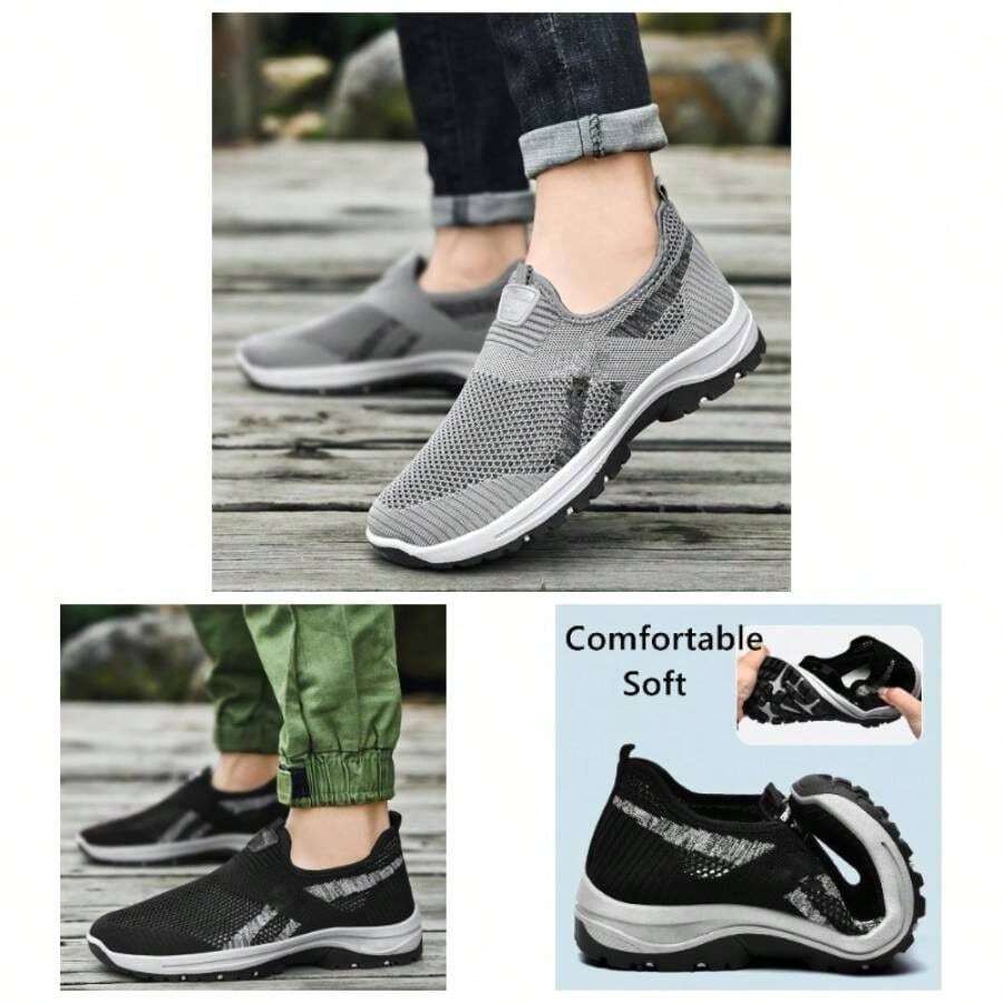 Summer Outdoor Breathable Elderly Walking Shoes, Men's Breathable Casual Mesh Loafers, Lightweight Slip - On Walking Shoes Black, - inicial - Ver 1
