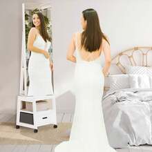 Joyero giratorio de 360° con luces LED, espejo de cuerpo entero con espacio para guardar joyas, organizador de joyas de pie con cajón inferior y estantes, con cerradura, regalo de Navidad, color blanco - Blanco - Ver 7