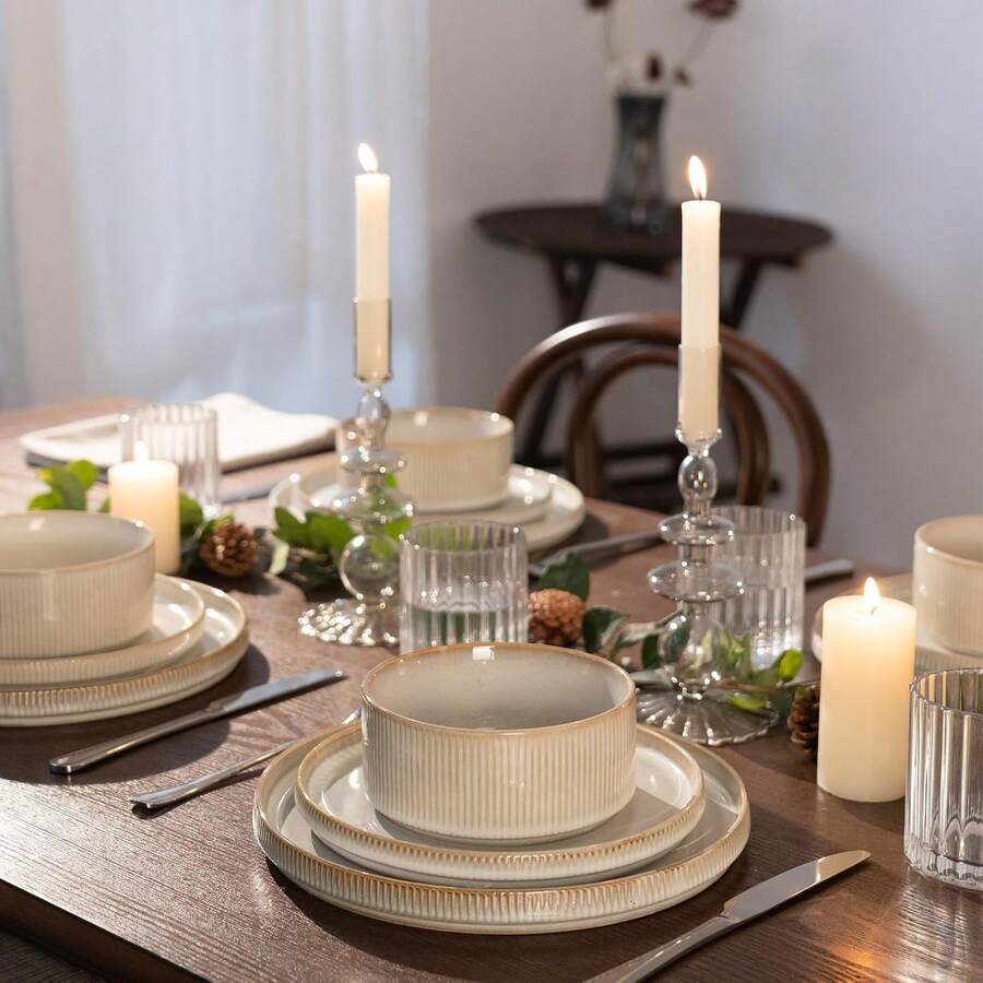 Richmount 12 Piece Stoneware Dinnerware Sets, Plates And Bowls Set For 4 - 卡布奇諾白 - 查看 1