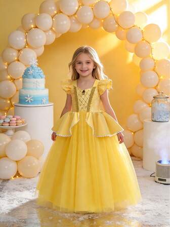 Young Girls' Elegant Yellow Mesh Sequin Cap Sleeve Dress