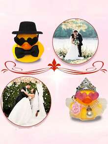 两件套优雅婚礼鸭情侣套装 - 新郎新娘戴着头纱，佩戴心形眼镜，配有表情生动、会发出吱吱声的橡胶鸭 - 适用于婚礼装饰、周年纪念、情人节、新娘送礼会 - 趣味婚礼回礼、婚礼派对装饰 - 耐用PVC材质 - 完美的结婚礼物 - 可用于婚礼拱门、餐桌中心装饰或纪念品展示 - 可爱的婚礼鸭套装 - 彩色 - 查看 7