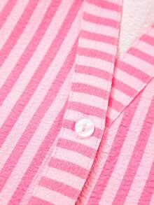 Acelitt 女士优雅宽松迷你连衣裙，层叠荷叶边撞色条纹喇叭袖，春秋季 - 粉色 - 查看 8