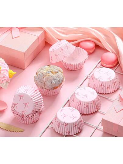 10 יחידות עטיפות קאפקייקס ורודות עם קשת, מתאימות לקישוט קאפקייקס ליום האהבה, כוסות עוגה למסיבה, מחזיקי קאפקייקס ליום הולדת וחגיגות