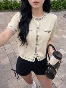 Rikumo 女士撞色滚边圆领短袖开衫，夏季/冬季 - 米色 - 查看 1