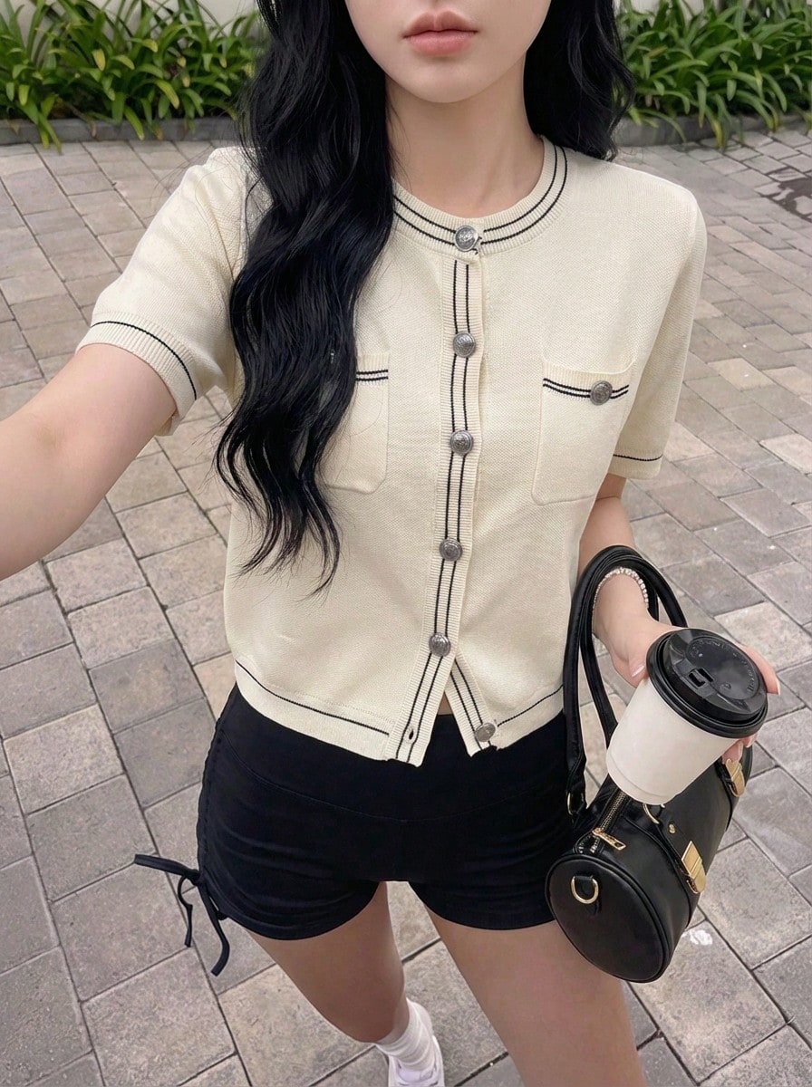 Rikumo 女士撞色滚边圆领短袖开衫，夏季/冬季 - 米色 - 查看 1