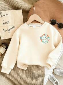 青少年女孩可爱标语印花圆领运动衫，适合休闲舒适的秋冬时尚可爱服装 - 杏色 - 查看 3